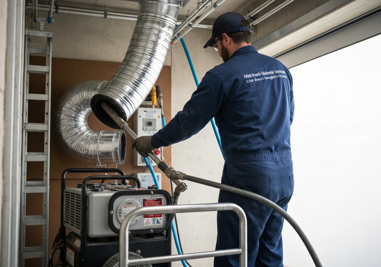 Air duct cleaning professional connecting flexible duct to ventilation system.