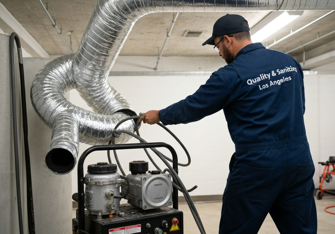 Professional air duct cleaning service with machinery and flexible tubing